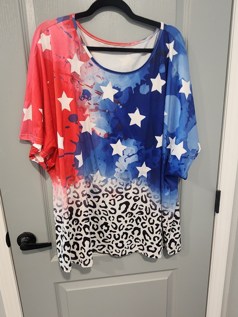 Patriotic Star & Leopard Print Oversized Top - Red, White, Blue